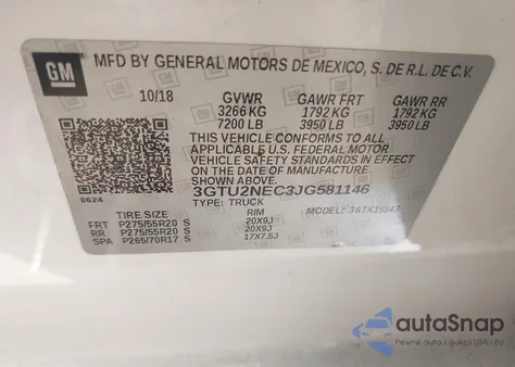 2018 GMC Sierra K1500 Slt из США, поврежденный, VIN 3GTU2NEC3JG581146